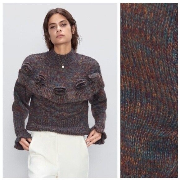 Zara Ruffled Mohair Blend 3D Flowers Knit Sweater NWT Vintage Style - Picture 10 of 12